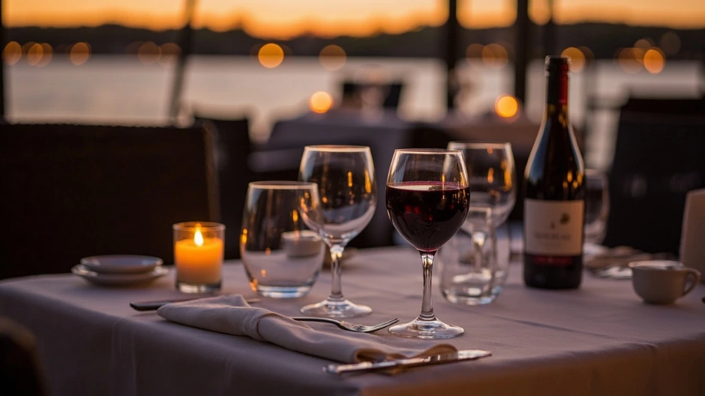 Candlelit riverside table at dusk