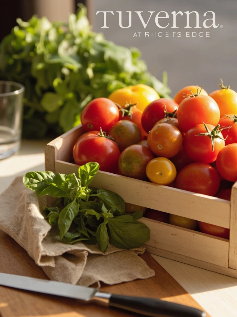 Heirloom produce from a regional farm, photographed at the Taverna prep counter