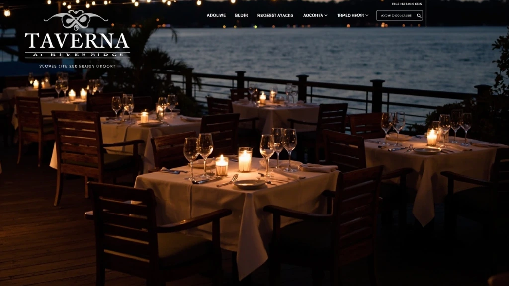 The candlelit river deck at Taverna at River's Edge at dusk