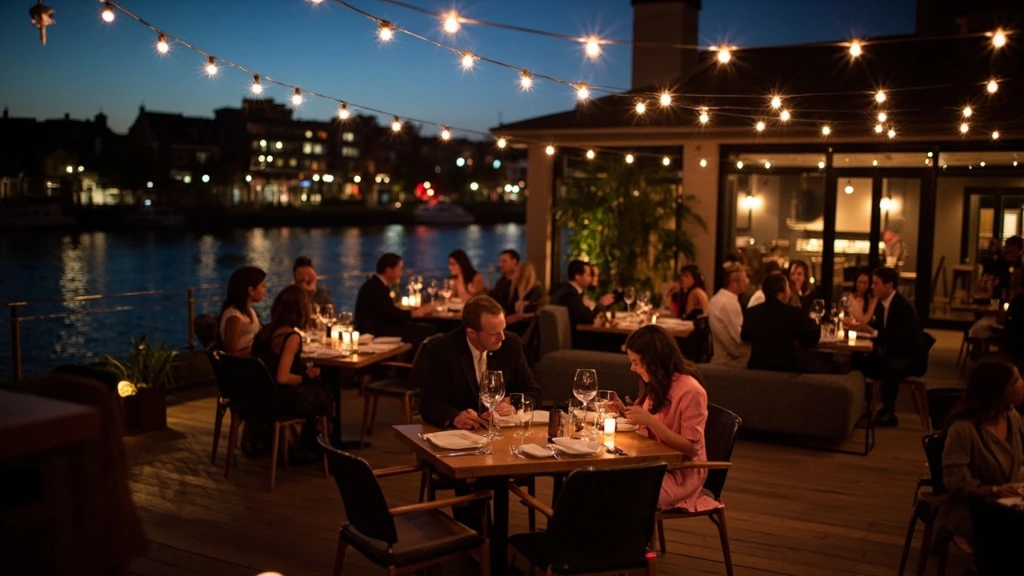 Cocktail hour on the river deck under string lights.