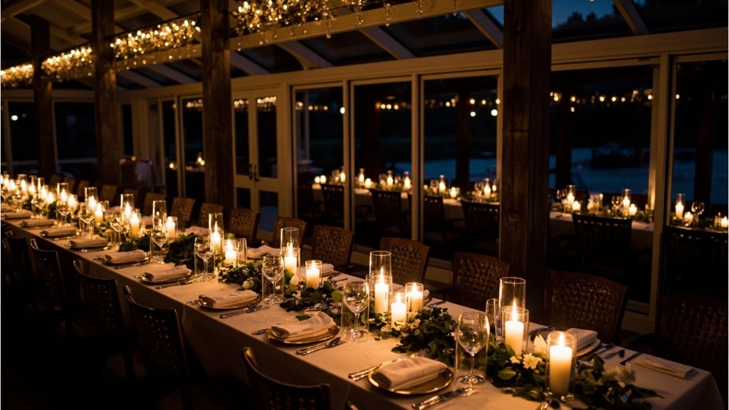 Candlelit reception inside the Riverside Pavilion with glass walls open to the river
