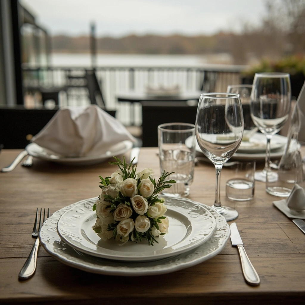 A winter wedding bouquet of white ranunculus and rosemary by the river